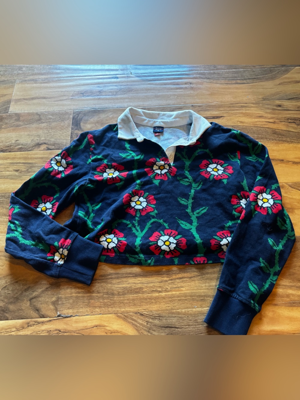Rowing Blazers Navy Floral Polo Sweater with Cream Collar